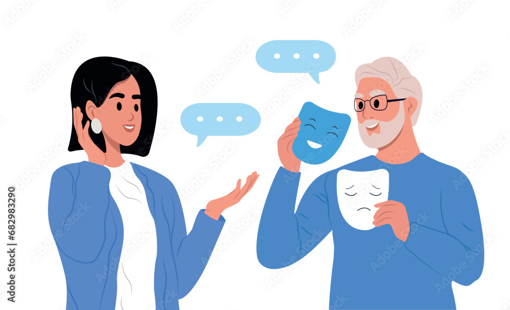 The man hides his face behind social masks with feigned positive or indifferent emotions. A man with imposter syndrome and a woman. The man hides his face behind social masks with feigned positive or indifferent emotions. A man with imposter syndrome and a woman.