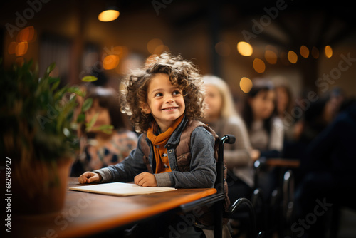 Lifestyle of special child, life in the education elementary school age, happy disability kid friend concept. Disabled teenager male in wheelchair looking at camera smiling photo