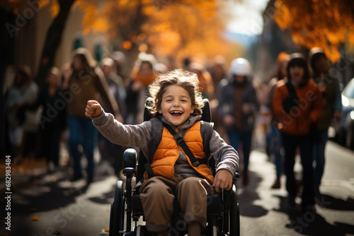 Happy disability kid friend concept. Lifestyle of special child walking or having street marathon race. Disabled teenager boy in wheelchair looking at camera smiling