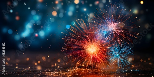 New Year Eve celebration Fireworks Background with copy space  blurred bokeh lights blue background  wallpaper  new beginning 