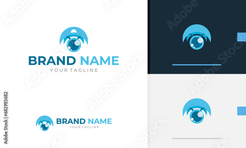 Logo design icon symbol abstract geometric blue drone tech robot flying with wide eye camera lens