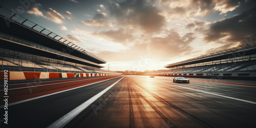 F1 race track circuit road with motion blur and grandstand stadium for Formula One racing