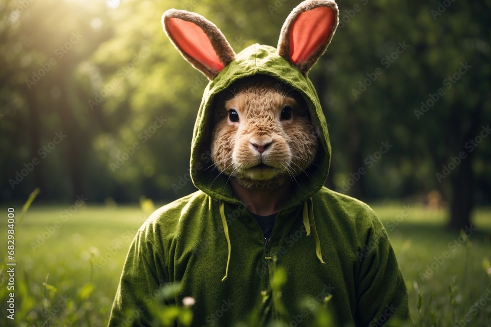 man wearing rabbit costume grass medow background. ai generative - obrazy, fototapety, plakaty 