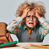Photo of a Stressed a kindergartener under pressure solid background. ai generative