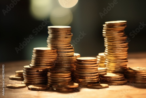 Stacks of golden coins on blurred background. Banking, economy, monetary, investment, finance concept