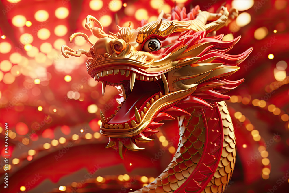 Chinese New Year red background with 3d 
gold glowing dragon with large copyspace area