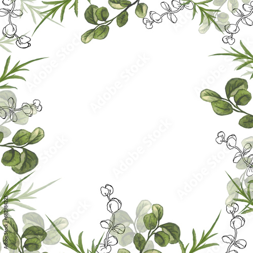 Green watercolor leaves line art and branches square wreath, hand drawn botany frame Template for wedding invitation or cards, vector background.