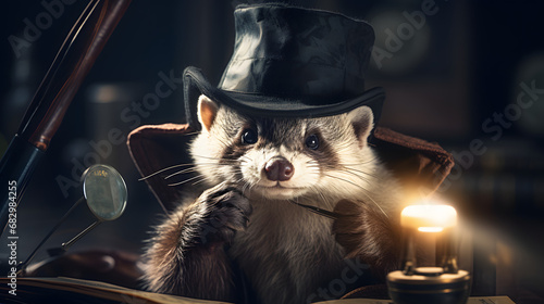 Ferret detective with hat inspecting magnifying glass photo