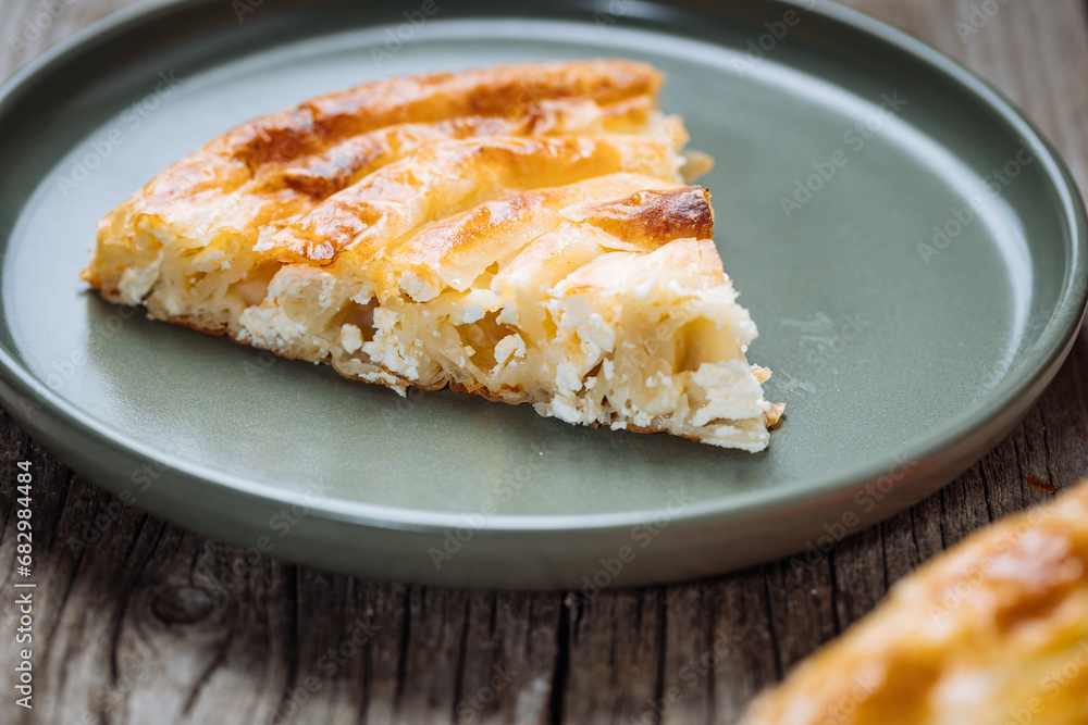Traditional Bosnian and Turkish meal made from rolled pastry filled with spinach. In Turkey it is called Borek with cheese. In Bosnia this dish is called Pita Sirnica. Made from phyllo pastry. Traditional Bosnian and Turkish meal made from rolled pastry filled with spinach. In Turkey it is called Borek with cheese. In Bosnia this dish is called Pita Sirnica. Made from phyllo pastry.