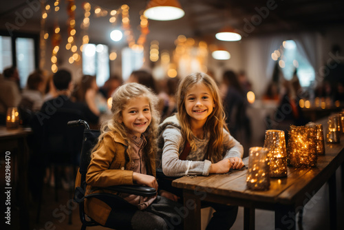 Two girls are sitting in a decorated cafe hall and smiling while looking at the camera. Holiday mood concept.