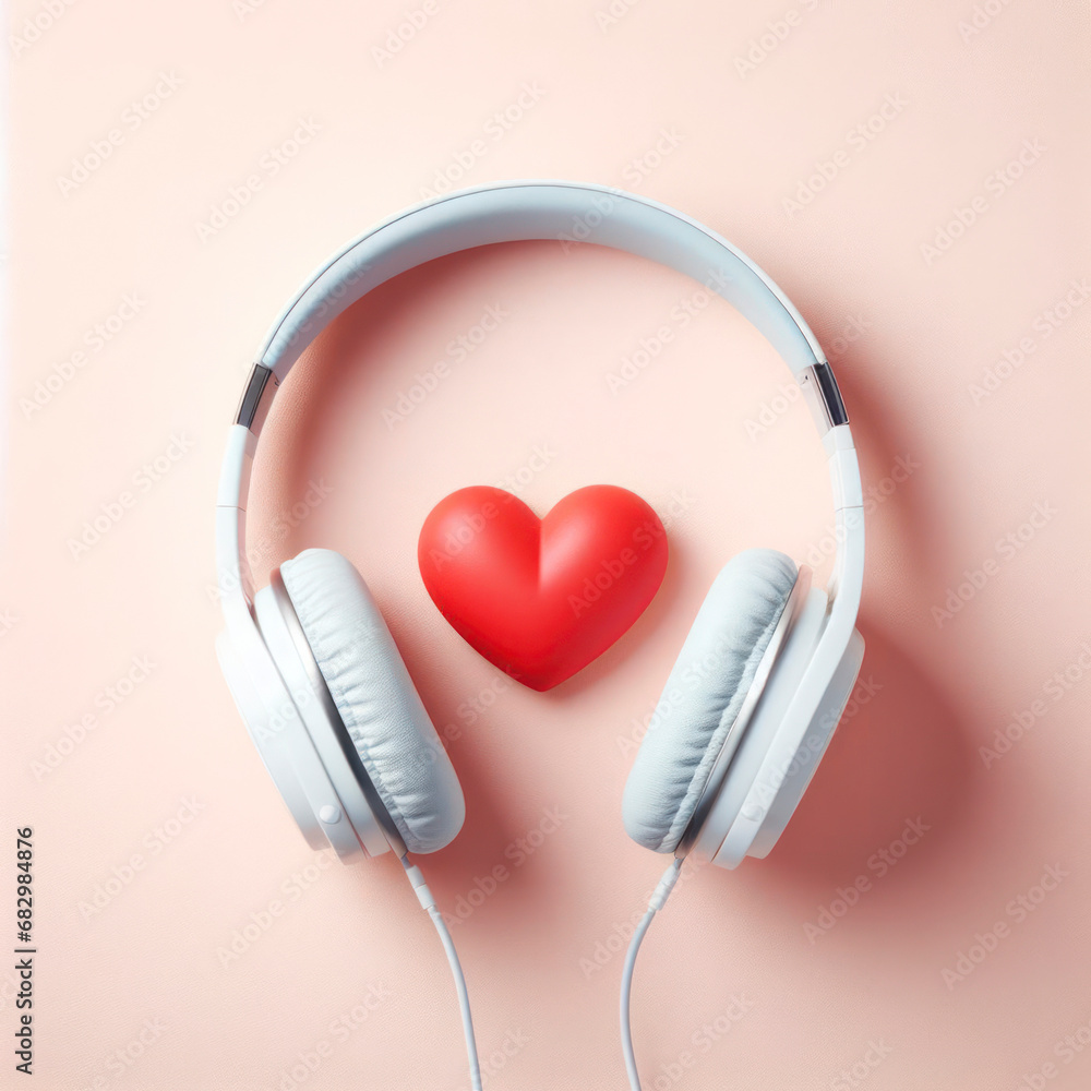 White headphones with red heart shape on pastel background, top view. Love music concept. ai generative White headphones with red heart shape on pastel background, top view. Love music concept. ai generative