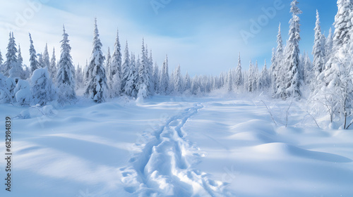 Snowshoe tracks in winter wilderness