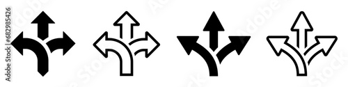 Choice between three roads icons. Three-way directional arrow collection. Way, road, direction, branching, arrows - stock vector.