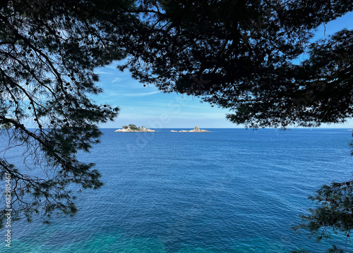 Montenegro, city of Petrovac. Beautiful view of the Islands of Holy Week and Katic. Adriatic Sea. photo