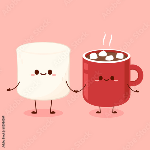 Pile of marshmallows on Cocoa. Cocoa with marshmallows in a red cup. A mug of hot chocolate or cocoa in which marshmallows. Flat vector illustration. Dessert character design.