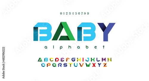 Baby Round modern alphabet. Dropped stunning font, type for futuristic logo, headline, creative lettering and maxi typography. Minimal style letters with yellow spot. Vector typographic design photo