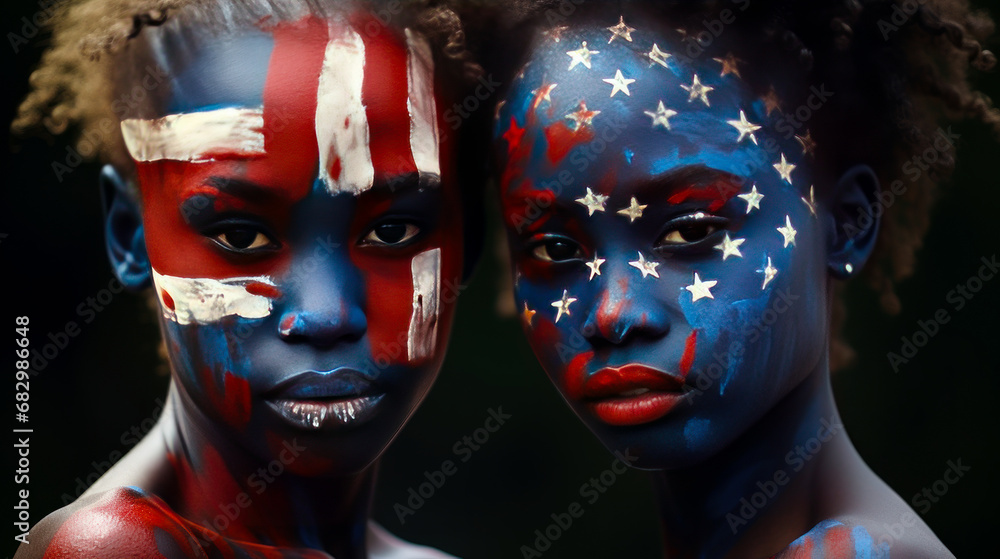 Two cute African American dark-skinned girls with their faces painted in the color of the flag of the United States of America.