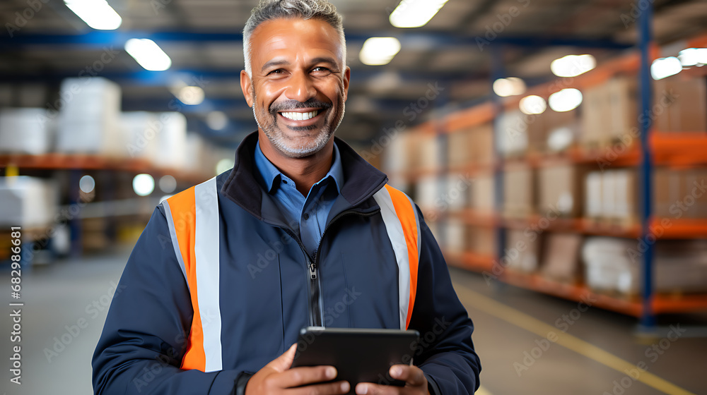 Portrait of smiling mature male warehouse worker using digital tablet in warehouse Portrait of smiling mature male warehouse worker using digital tablet in warehouse