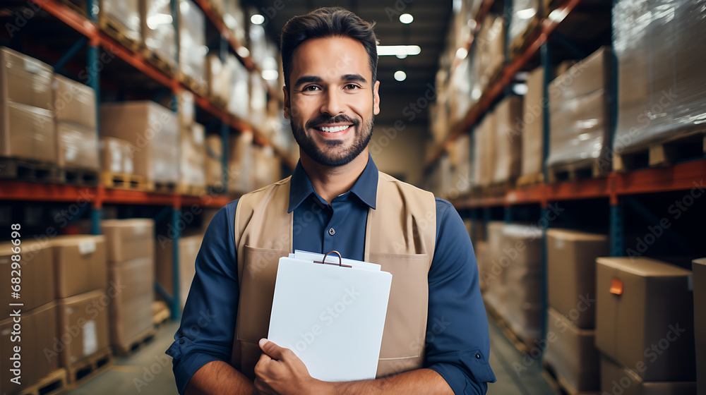 Portrait of happy male warehouse worker holding clipboard in warehouse. - obrazy, fototapety, plakaty 