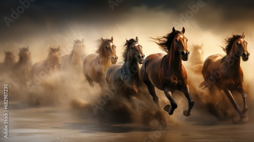 The horses are running at full speed. Beauty  power and dynamics.