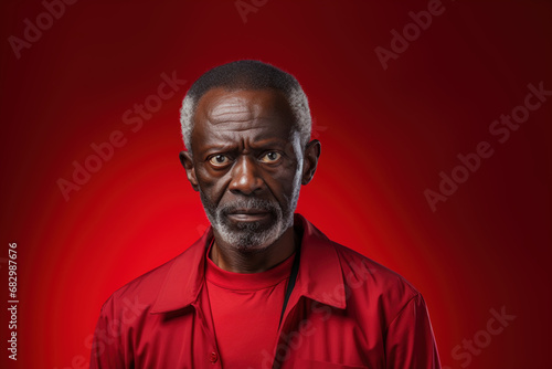 Senior adult African American male man wearing red shirt standing over studio isolated red background. Skeptic black nervous, disapproving expression on face. Social issues hunger and suffer concept
