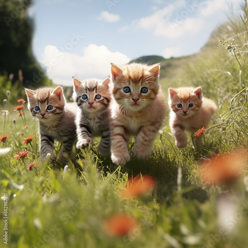  little kittens running in the grass © Everyphoto