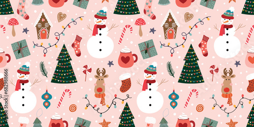 Christmas decorative seamless pattern, wallpaper, background with snowman, Christmas tree and seasonal Holidays elements, winter wrapping paper, vector  