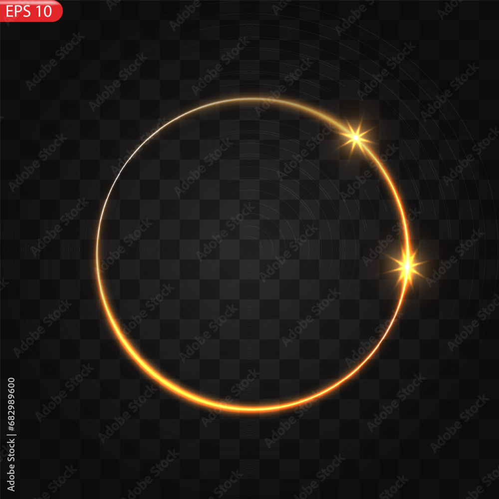 Gold circles frame with glitter light effect. A golden flash flies in a circle in a luminous ring.