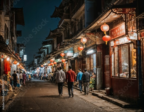 photo of background chinatown street at night, generative AI