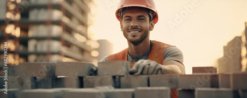 Construction worker is building a brick wall at construction site