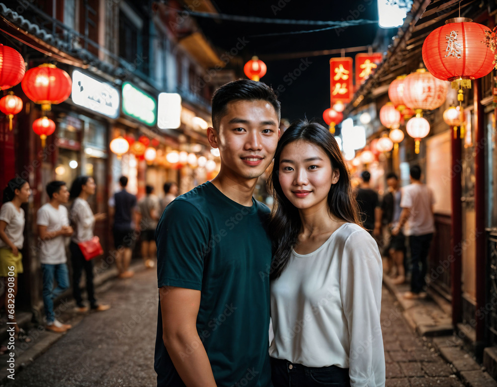photo of happy beautiful young teenage lover couple asian at chinatown street at night, generative AI