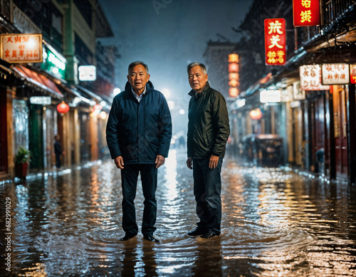 photo of senior asian man during heavy rain and flood on road at chinatown street at night, generative AI © Flash