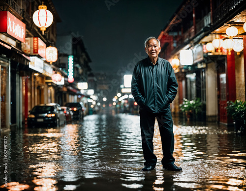 photo of senior asian man during heavy rain and flood on road at chinatown street at night, generative AI