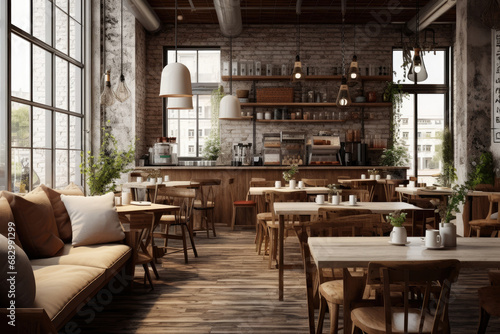 Interior design of cafe with wooden vintage style, decorated with warm and cozy tones, relaxing tones with classic old wood round corner counter and coffee machinery. © TANATPON