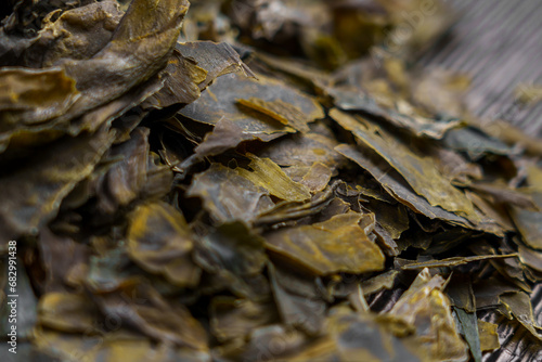 Dried Kombu seaweed close up. Asian dehydrated ingredient