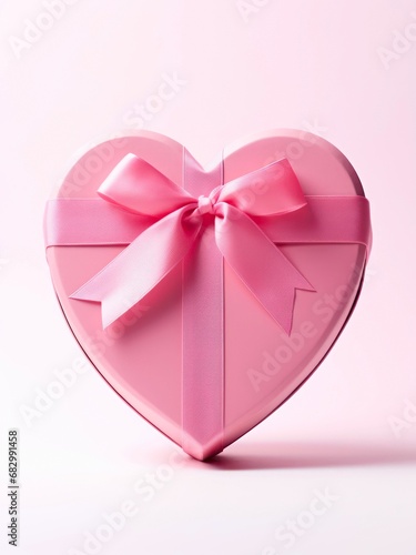 Pink heart shaped gift box with ribbon and bow.