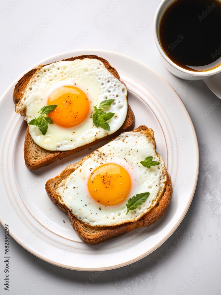 Top view of toasts with fried eggs and cup of americano. Top view of toasts with fried eggs and cup of americano.