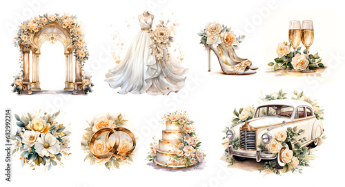 Watercolor illustration wedding elements in gold color