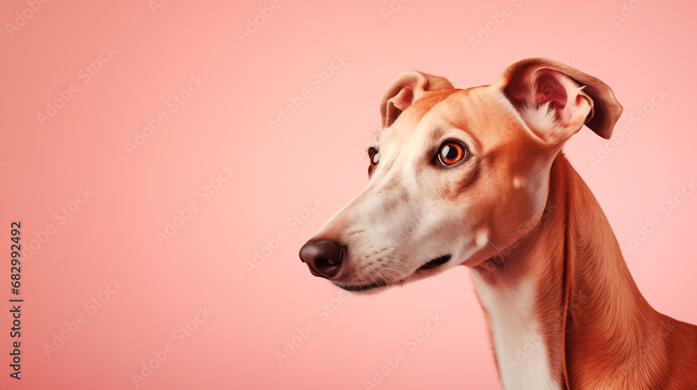 Portrait of a greyhound dog on a light colored background.