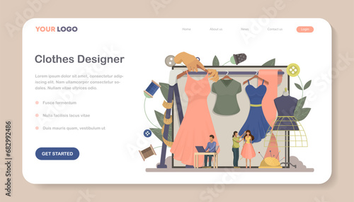Fashion designer web banner.Professional tailor master sewing or fitting clothes landing page. Vector illustration.