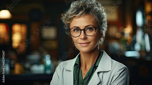 Smiling Female Doctor in White Coat. Exuding Positivity and Professionalism