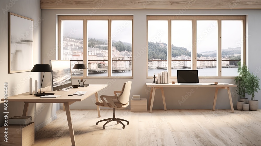 Fototapeta premium Spacious Modern Office Interior with Wooden Desk and Computer Overlooking City View