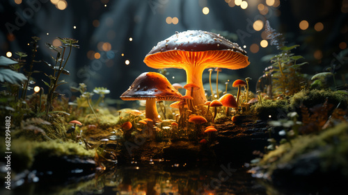 red mushrooms on a moss in the forest