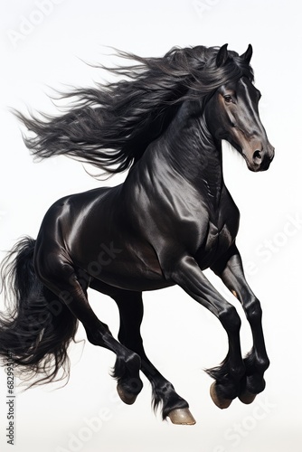 a prancing black horse - side view full body shot on white studio background
