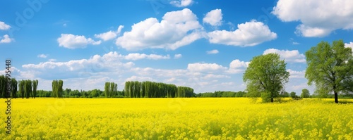 Summer field with yellow little flowers framed bij big imposant trees and a diep blue sky with fluffy clouds © PX Studio