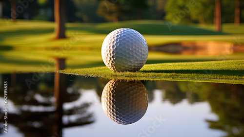 Golf ball on a green manicure course, closeup view with concept of reflection photography by the pond