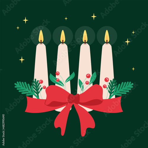 Festive Christmas advent candles with bow, fir branches and red berries illustration in flat style.