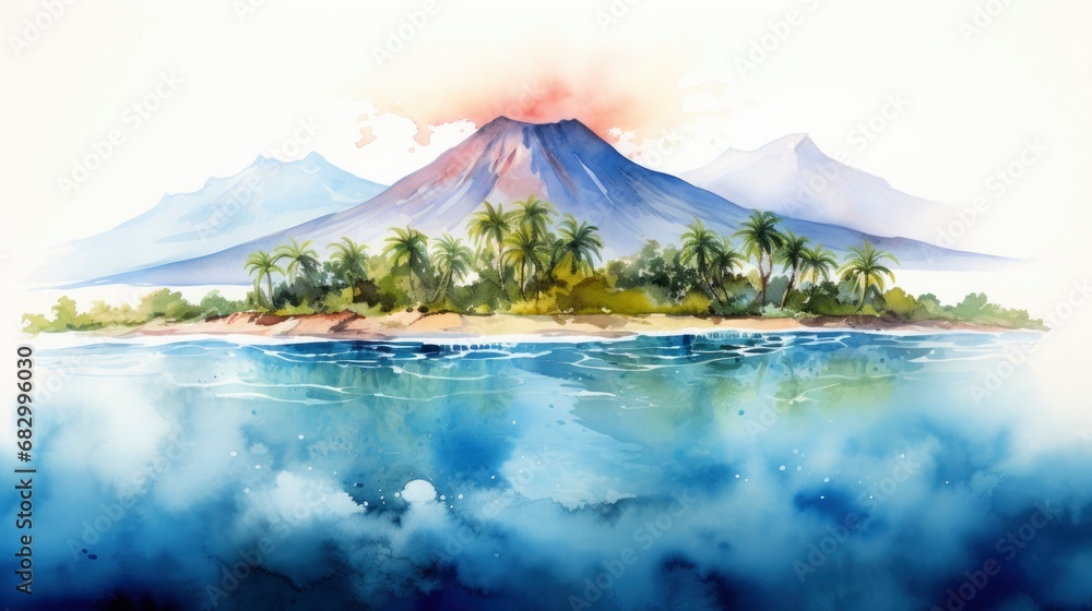 A fantastical uninhabited tropical island with a volcano, in the middle of the azure ocean - obrazy, fototapety, plakaty 