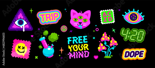 Vector Psychedelic Art, acid colors and surreal stickers. Cartoon psyhedelic mushroom, cat character, bong, acid. Abstract surrealism bright sticker. Holutination trip set for badge and patch dsgn