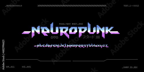 Neuropunk - retro pixel font in 80s 90s style. Cyberpunk font type. Vector futuristic digital typography and  in 8-Bit. Iron effect chrome letters. Sci-Fi Font Alphabet in retro video game style